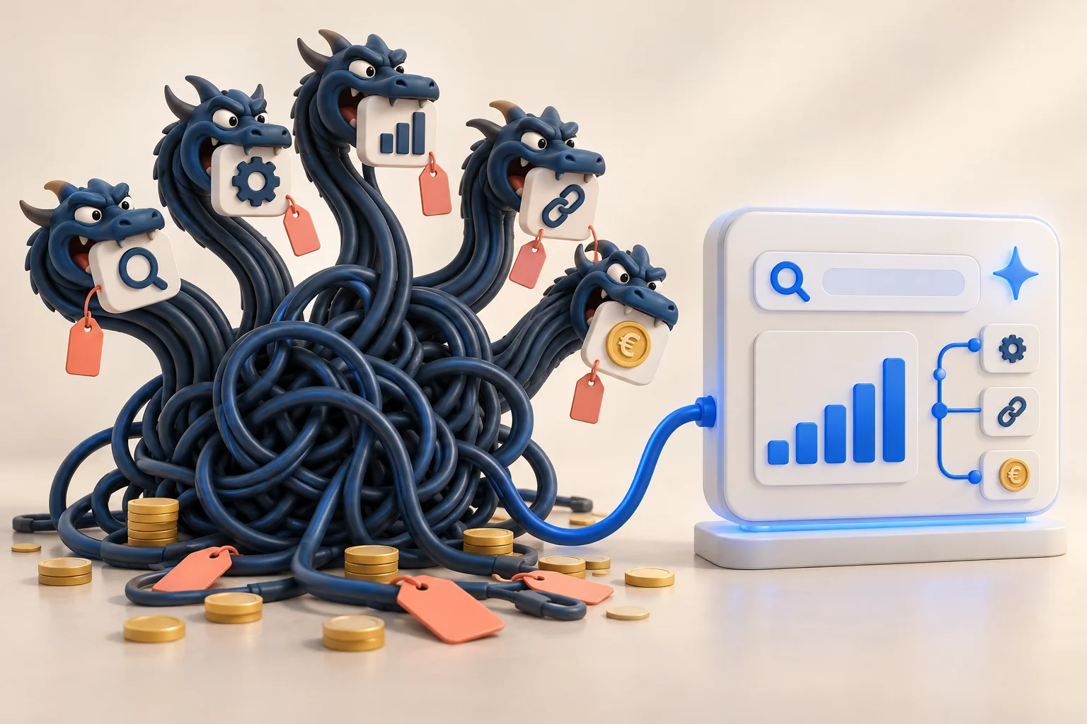 Eine vielköpfige Hydra aus verknoteten Kabeln, jeder Kopf mit Preisschild für ein weiteres SEO-Tool